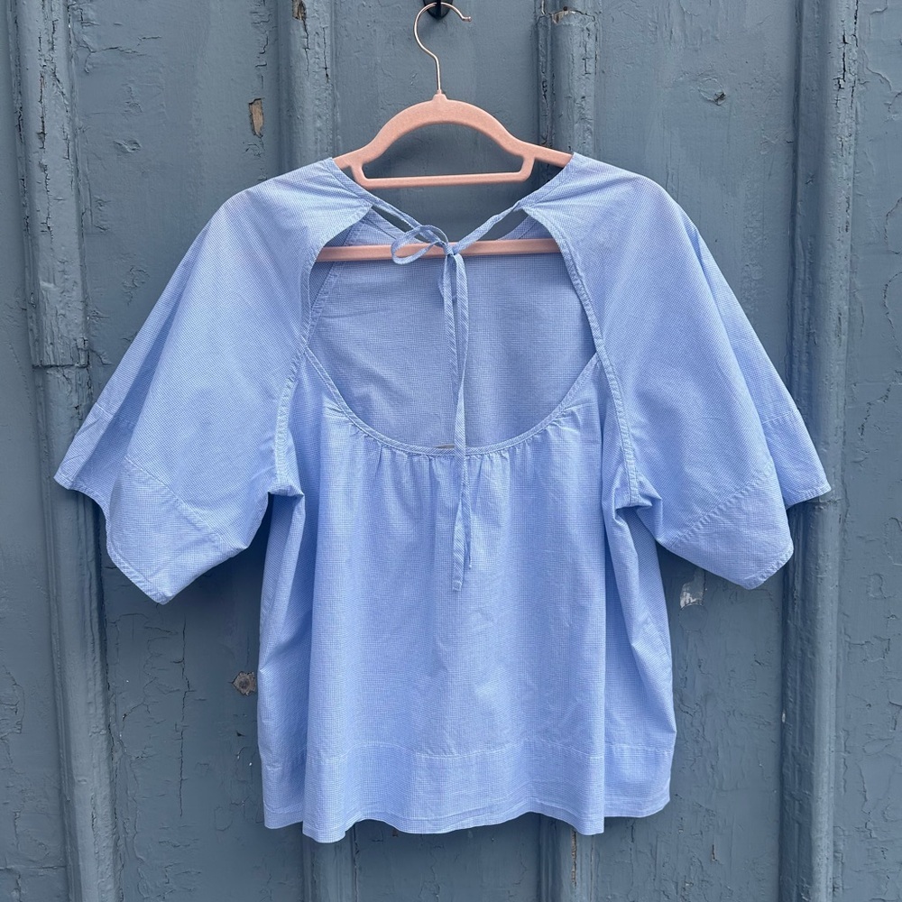 Everlane Windowpane Check Circle Open Back Blouse, size 8 - Picture 3 of 9